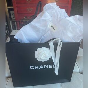 Chanel Black Bag with White Camellia and Ribbon